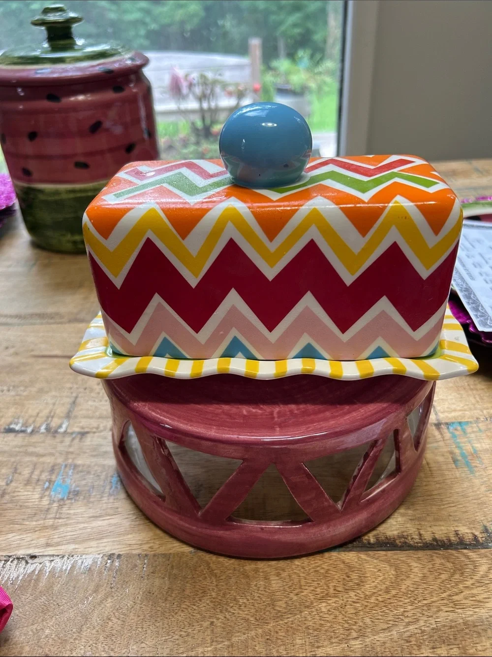 Colorful Chevron Ceramic Butter Dish with Blue Knob